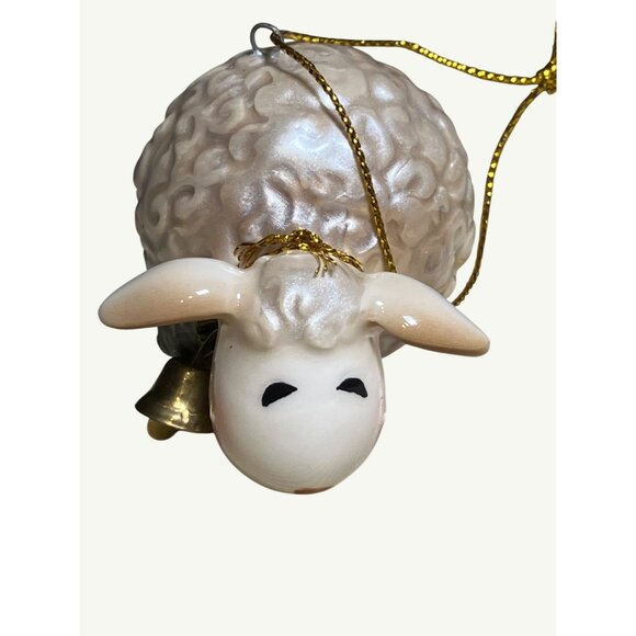 Handcrafted Ceramic Sheep Ornament With Golden Bell and Hanging Cord - Picture 4 of 10